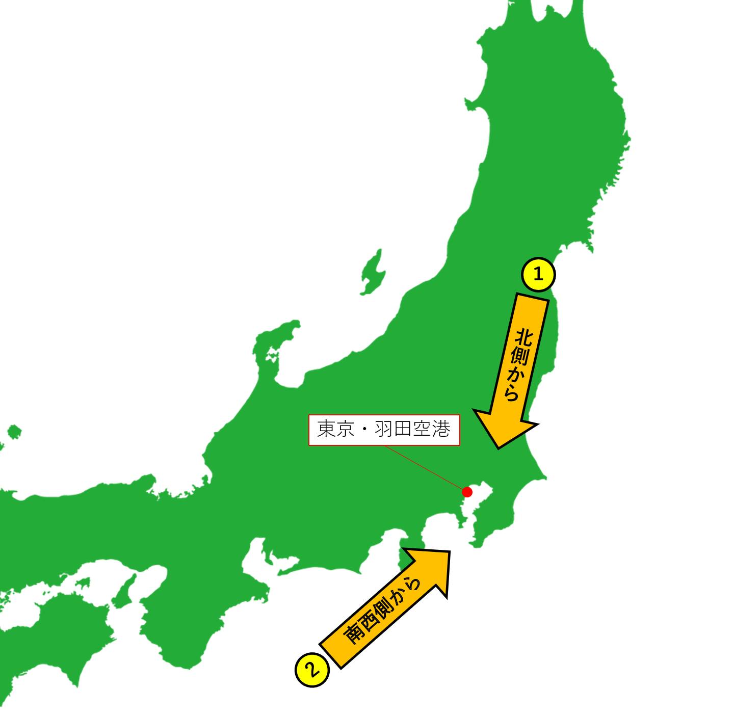 羽田空港へ北側からと南西側から到着するイメージ