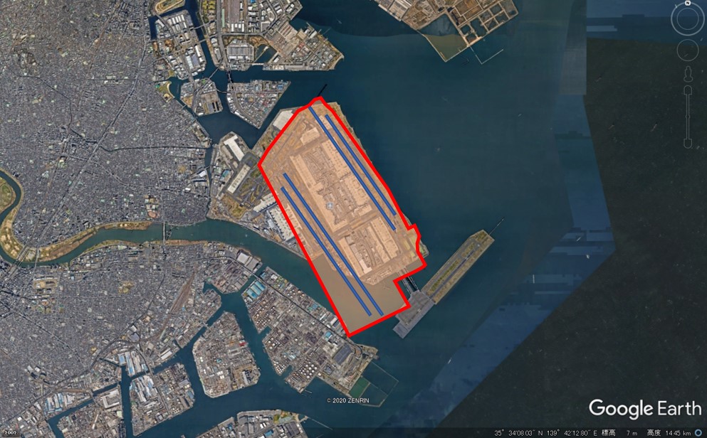 ロサンゼルス国際空港の敷地面積の図（回転させた場合）