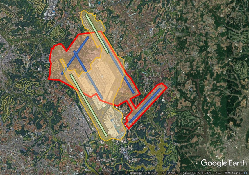成田空港と羽田空港の敷地面積比較の図（重ね合わせ）