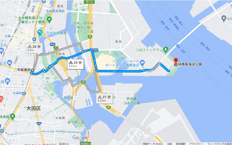 京急・平和島駅から城南島海浜公園までのルート例の図