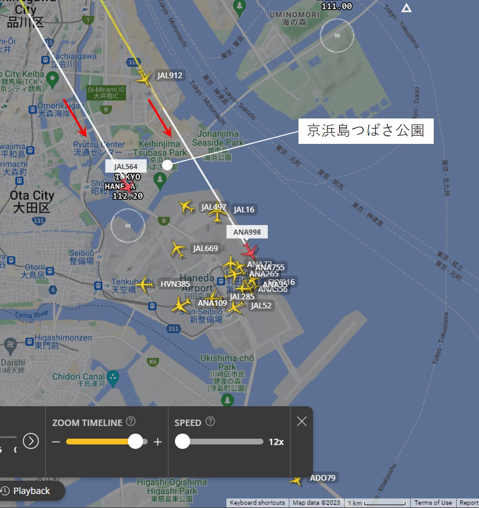 京浜島つばさ公園の位置と飛行経路（RWY16着陸時）
